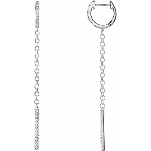 14k white gold diamond huggie hoop earrings with chain dangle and pavé bar drop, pair view