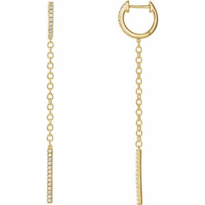 14k yellow gold diamond huggie hoop earrings with chain dangle and pavé bar drop, pair view