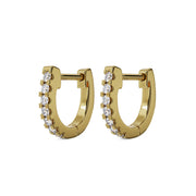 Pair of 14k yellow gold 8mm diamond huggie hoop earrings, straight-on front view showing full diamond row