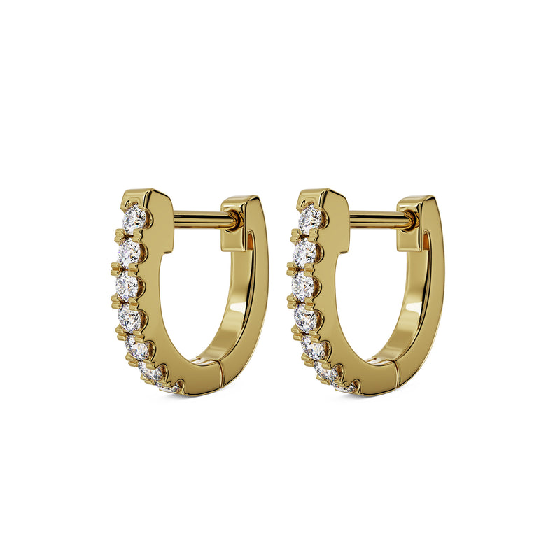 Pair of 14k yellow gold 8mm diamond huggie hoop earrings, straight-on front view showing full diamond row