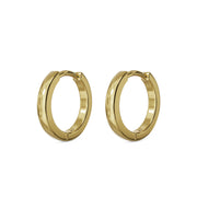 Matched pair of 14k yellow gold 8mm huggie hoop earrings, angled product view on white background