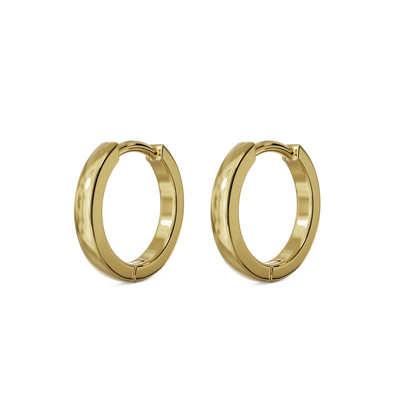 Matched pair of 14k yellow gold 8mm huggie hoop earrings, angled product view on white background