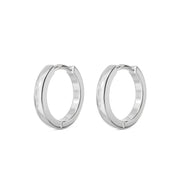 Matched pair of 14k white gold 8mm huggie hoop earrings, angled view showing bright silver tone