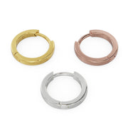 8mm solid 14k gold huggie hoops in all three metal colors: yellow gold, rose gold, and white gold