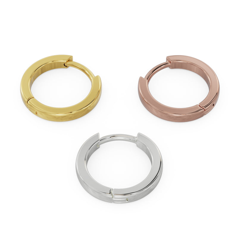 8mm solid 14k gold huggie hoops in all three metal colors: yellow gold, rose gold, and white gold