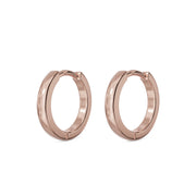 Matched pair of 14k rose gold 8mm huggie hoop earrings, angled view showing warm pink tone