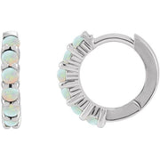 14k white gold opal huggie hoop earrings with iridescent genuine opal stones, front and side views