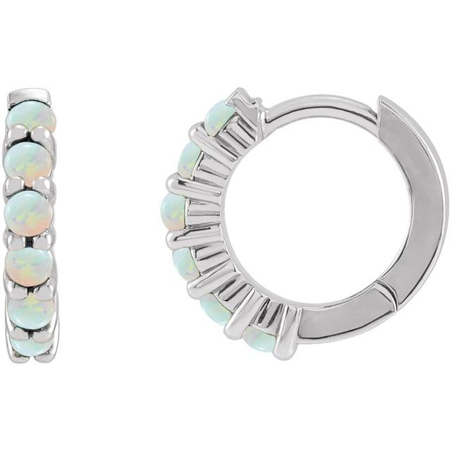 14k white gold opal huggie hoop earrings with iridescent genuine opal stones, front and side views