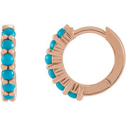 14k rose gold turquoise huggie hoop earrings with six cabochon stones, front and side view