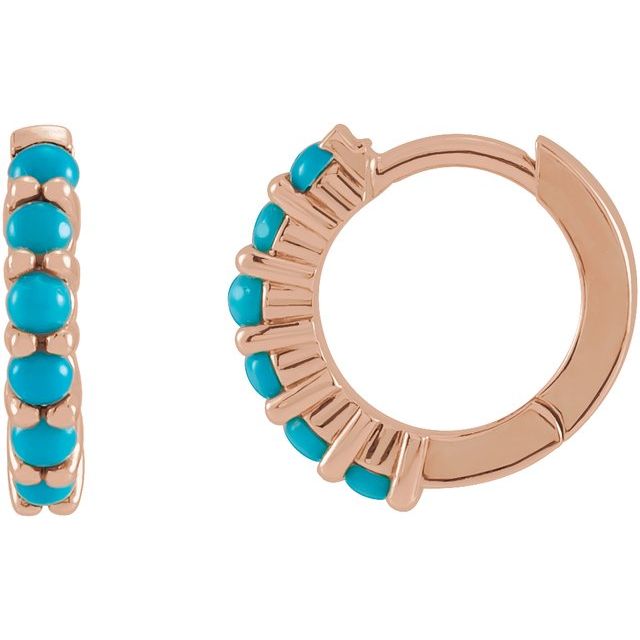 14k rose gold turquoise huggie hoop earrings with six cabochon stones, front and side view