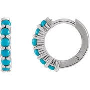 14k white gold turquoise huggie hoop earrings with six cabochon stones, front and side view