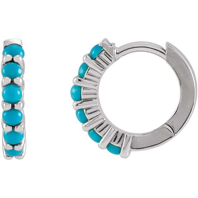 14k white gold turquoise huggie hoop earrings with six cabochon stones, front and side view