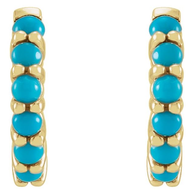 Close-up front view of paired 14k yellow gold huggie hoops showing turquoise cabochon stone detail