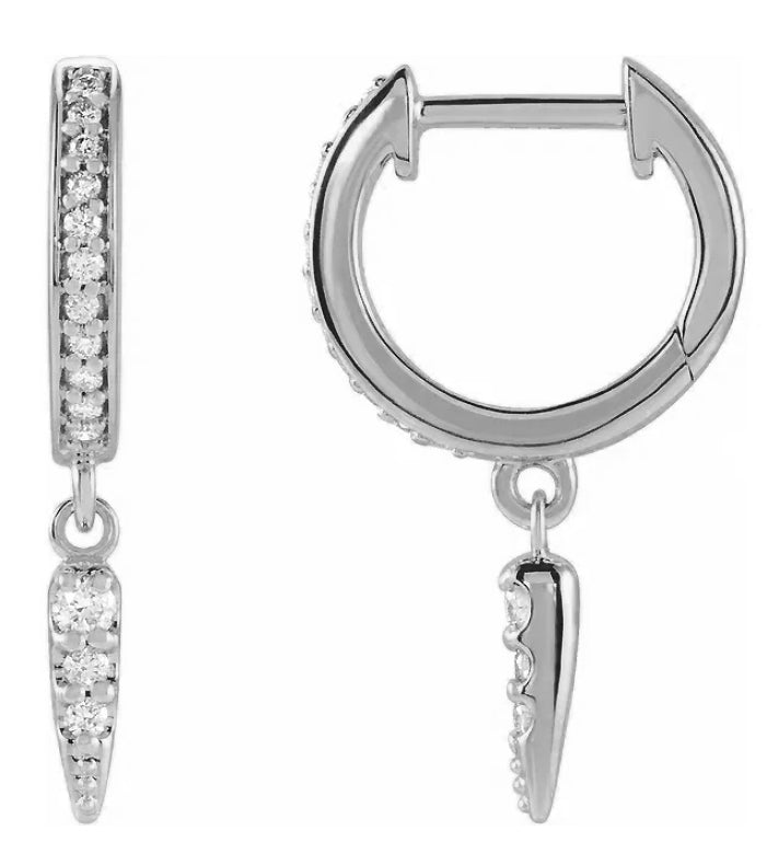 Diamond Spike 14k Gold Hinged Dangle Hoop Earrings-White Gold