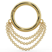 14k yellow gold clicker hoop ring with three cascading chains, front view