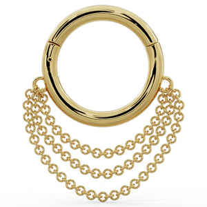 14k yellow gold clicker hoop ring with three cascading chains, front view