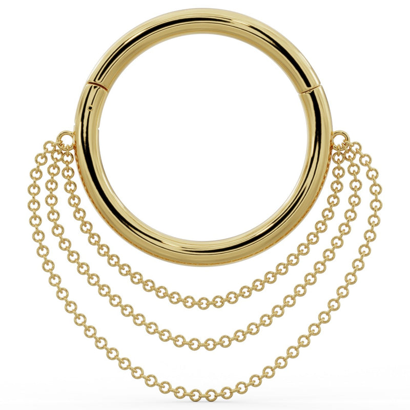 Large 14k yellow gold clicker hoop with cascading chains, front view showing wider diameter