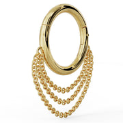 Angled side view of 14k yellow gold clicker ring showing rolo chain depth and profile