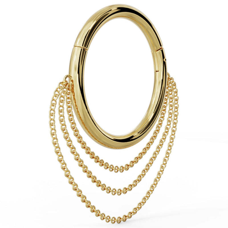 Angled side view of large 14k yellow gold clicker hoop showing chain drape and ring thickness