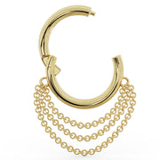 14k yellow gold clicker hoop open to show hinged mechanism with draped chains