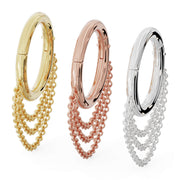 All three metal options side by side: yellow gold, rose gold, and white gold chain clicker hoops