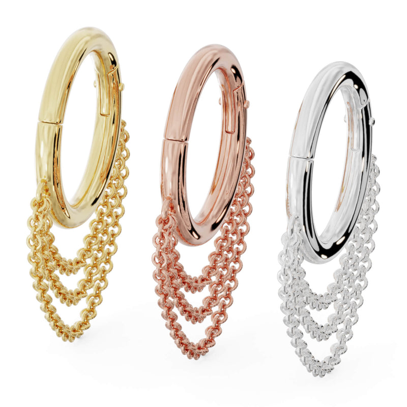 All three metal options side by side: yellow gold, rose gold, and white gold chain clicker hoops