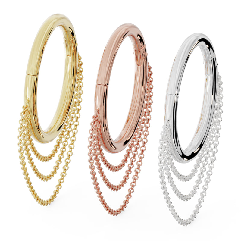 Large clicker hoop in yellow gold, rose gold, and white gold with cascading chains, all three colors