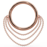 Large 14k rose gold clicker hoop with triple cascading chains, front view