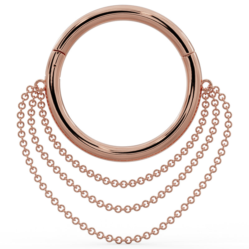 Large 14k rose gold clicker hoop with triple cascading chains, front view