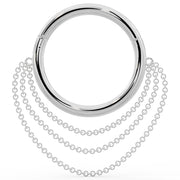 Large 14k white gold clicker hoop ring with three layered chains, front view