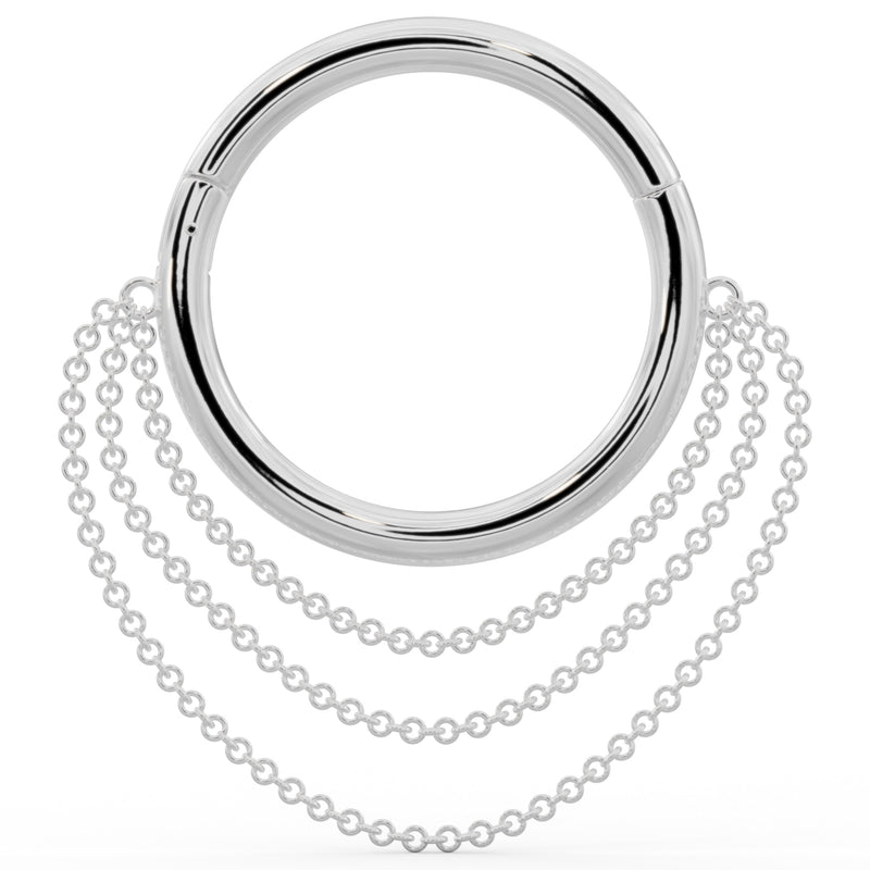 Large 14k white gold clicker hoop ring with three layered chains, front view