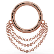 14k rose gold clicker hoop ring with three cascading chains, front view