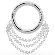 14k white gold clicker hoop ring with three draped chains, front view