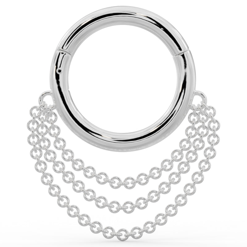 14k white gold clicker hoop ring with three draped chains, front view