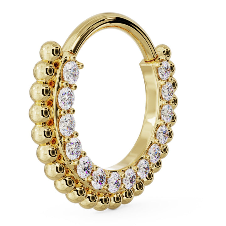 side view Gold Large Diamond Beads 14k Gold Clicker Ring Hoop