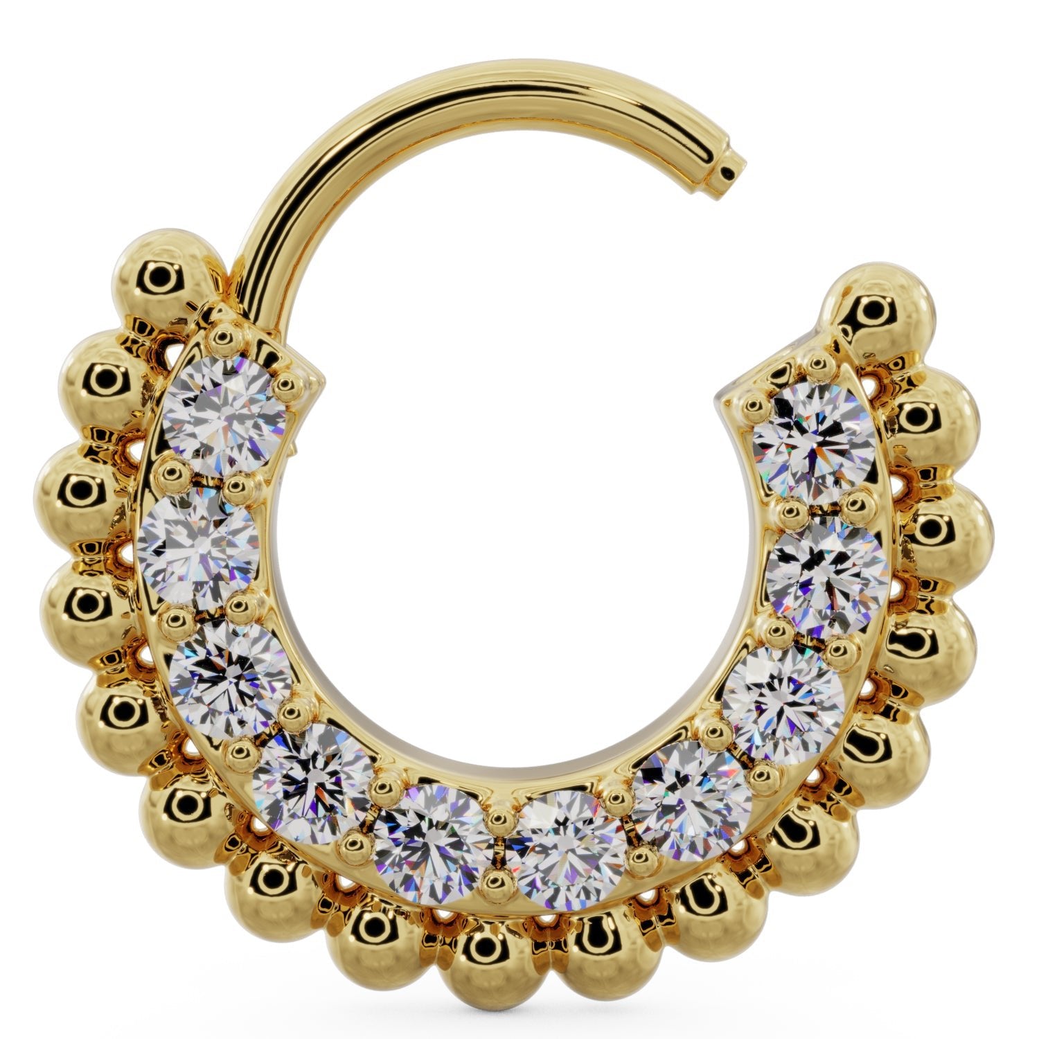 Open clicker Yellow Gold Small Diamond Beads 14k Gold Clicker Ring Hoop
