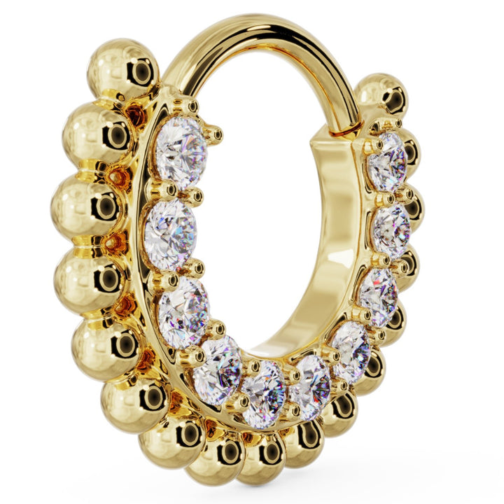 Side view Yellow Gold Small Diamond Beads 14k Gold Clicker Ring Hoop