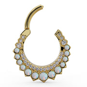 14k yellow gold opal diamond clicker ring shown open, revealing the hinged clicker closure mechanism