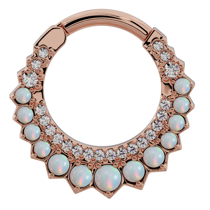 14k rose gold opal and diamond moon clicker ring hoop, front view with warm rose gold and iridescent opals