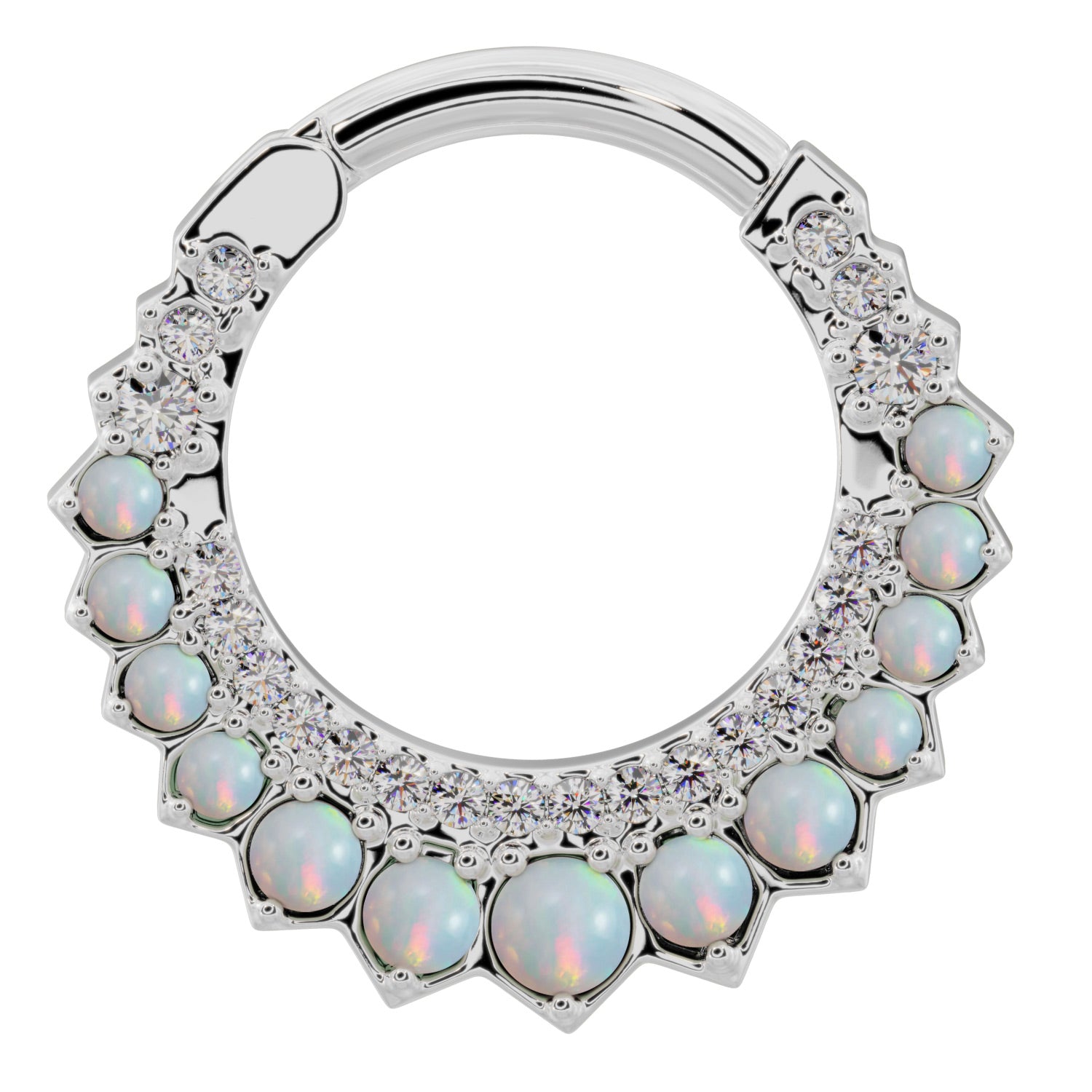 Opal & Diamond Moon 14k Gold Clicker Ring Hoop-14K White Gold   16G (1.2mm)   1 2