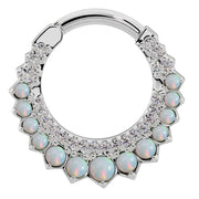 14k white gold opal and diamond moon clicker ring hoop, front view with sparkling diamond and opal detail