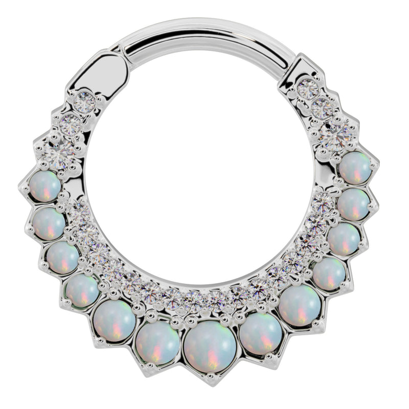 14k white gold opal and diamond moon clicker ring hoop, front view with sparkling diamond and opal detail