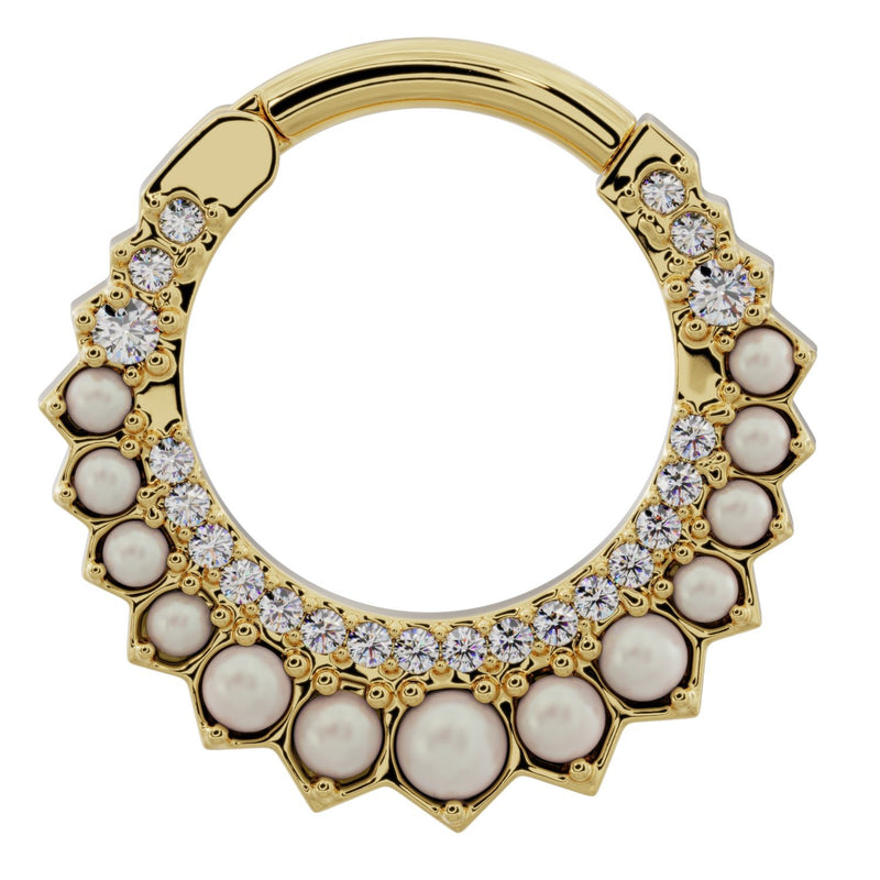 14k yellow gold pearl and diamond moon clicker ring hoop, front view showing byzantine-inspired setting