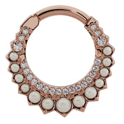 14k rose gold pearl and diamond moon clicker hoop, front view with warm rose-toned setting