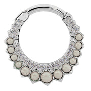 14k white gold pearl and diamond moon clicker ring hoop, front view with bright polished finish