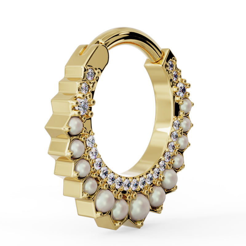 Angled side profile of 14k yellow gold pearl diamond clicker hoop showing ring depth and scalloped edge detail