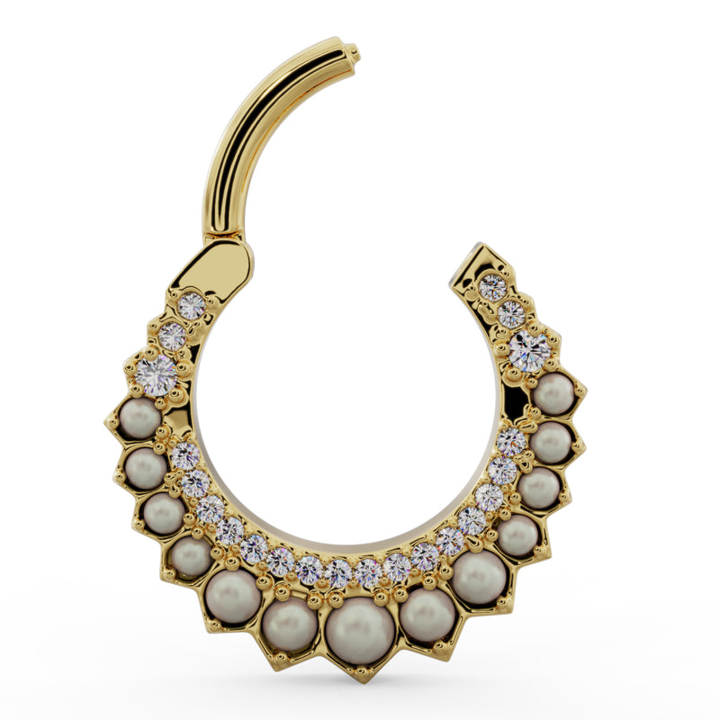 14k yellow gold pearl diamond clicker ring shown open, revealing hinged closure mechanism