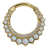 14k yellow gold opal and diamond moon clicker ring hoop, front view showing fiery opal and diamond setting