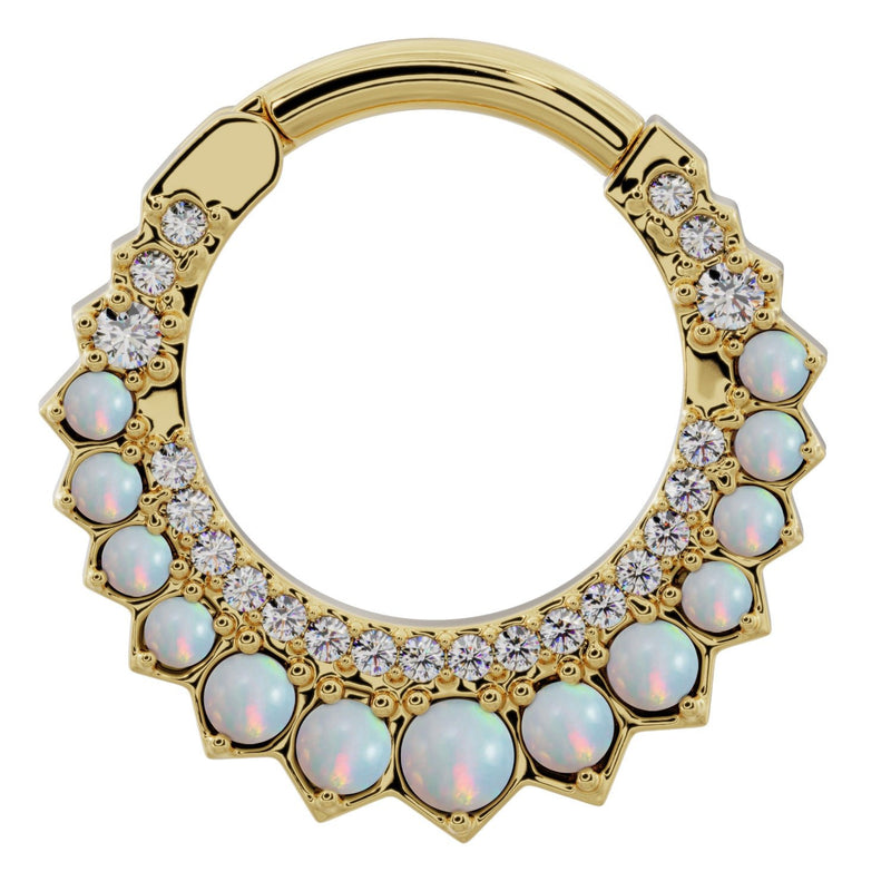 14k yellow gold opal and diamond moon clicker ring hoop, front view showing fiery opal and diamond setting