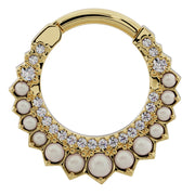 14k yellow gold pearl and diamond clicker hoop, slightly zoomed-out front view showing full ring profile